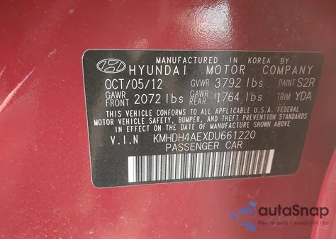 2013 Hyundai Elantra Gls из США, поврежденный, VIN KMHDH4AEXDU661220